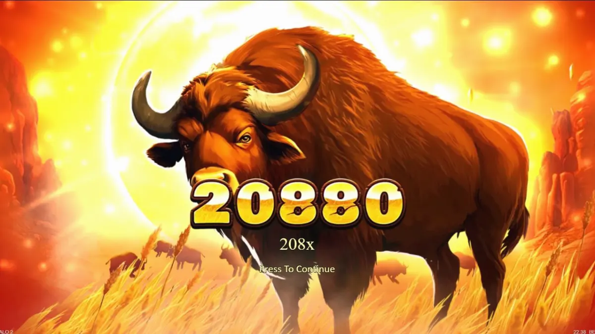 Tampilan visual slot Big Wild Buffalo 2 dengan latar belakang pegunungan dan simbol satwa liar