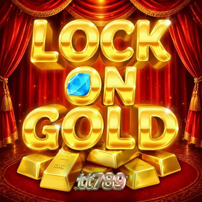 Tampilan visual mewah slot Lock On Gold dengan tema emas dan panggung teater